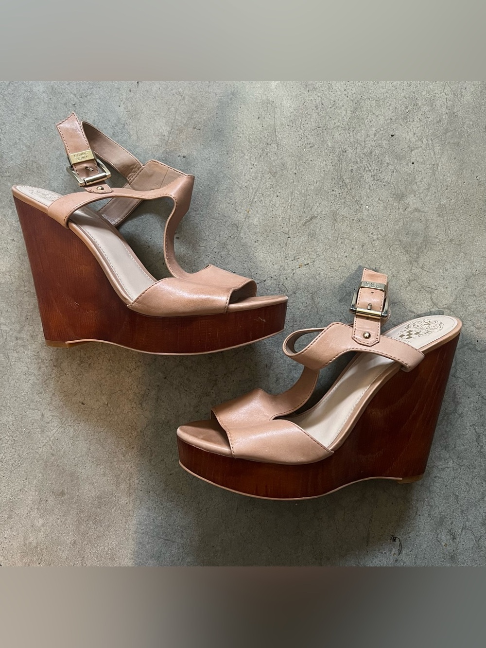 Vince Camuto Blush Leather Wood-Platform Wedge Sandals